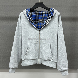 ผู้ผลิตเสื้อฮู้ดดี้แบบมีซิปสั่งทำพิเศษ หนัก 500 กรัม ปักลาย ซิปหน้า ผ้าฝ้าย ลายสก็อตแบบกลับด้านได้ เสื้อฮู้ดดี้แบบซิปสำหรับทุกเพศ - Product Image 3
