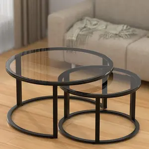 Ensembles de tables basses de luxe modernes Table basse en verre Tables d'appoint rondes avec pieds en métal doré Meubles de salon