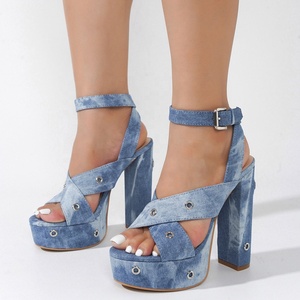 Metal Circles Ornaments Women Thick <b>Platform</b> Sandals Square <b>Open</b> <b>Toe</b> High Chunky <b>Heels</b> Cross Straps Denim Shoes - Product Image 3
