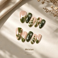 Lot de 30 faux ongles à presser en ABS, forme amande, vert foncé, effet œil de chat, motifs flocon de neige et nœud, amovibles, pour Noël
