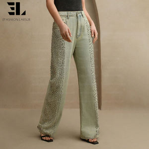 LARSURカスタムファクトリー スタッズ付き宝石装飾ストレートジーンズ ダメージ加工ヴィンテージウォッシュ ハイウエストデニムパンツ レディース - Product Image 4