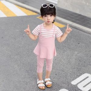 Ensemble Anarkali bio rayé rose pâle à manches courtes et short rose pour fille, vente en gros, provenant d'un fournisseur chinois - Product Image 1