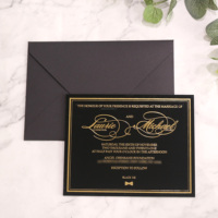 Carte d'invitation de mariage créative en acrylique noir avec décoration de ruban et étiquette et cartes de menu personnalisées en or rose