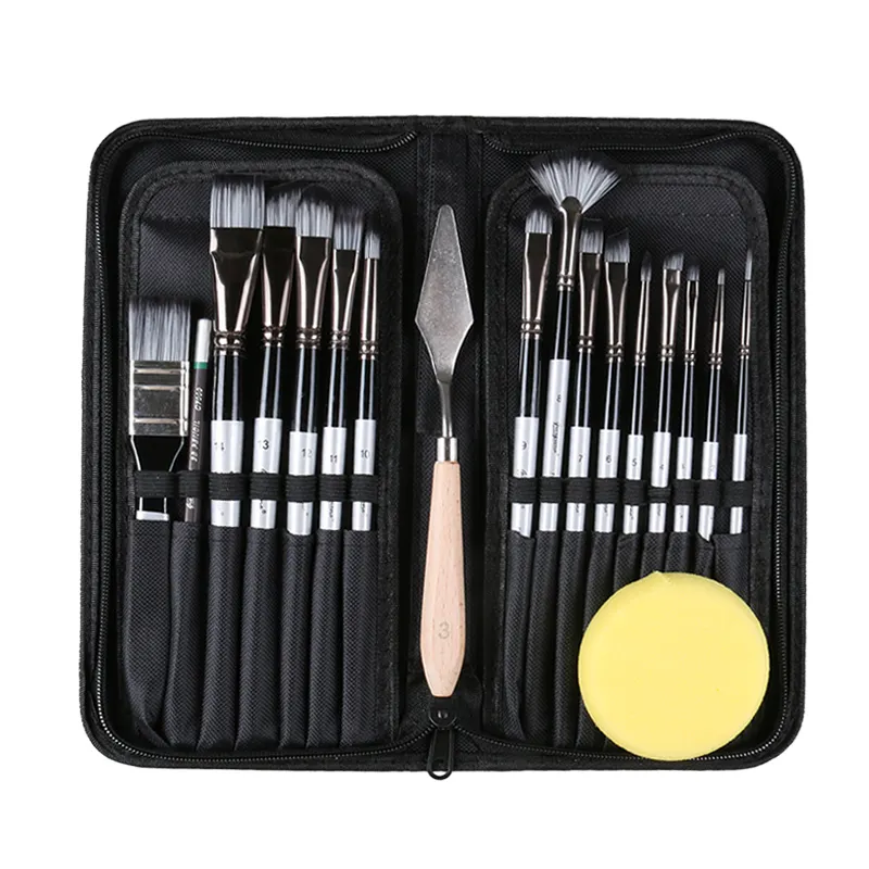 16pcs Professional Artist Paint Brush Set with carrying case 2B pencil palette knife sponge for Acrylic watercolor gouache Oil