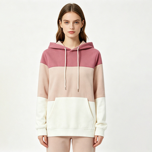 Trendy Women's Color Block Hoodie Casual Pastel Pink Beige White Pullover Sweatshirt High Quality Fleece Hooded <b>Top</b> Kangaroo - Product Image 2