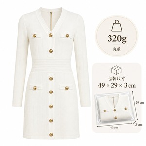 Robe de soirée moulante sexy à manches longues pour femme, en tricot, col en V, unie, boutonnée, anti-rides, style décontracté d'été - Product Image 2