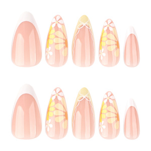 24 <span class=keywords><strong>faux</strong></span> ongles nude en amande en ABS, peints à la main, motif marguerite et nœud, style français blanc, pour les doigts - Product Image 4