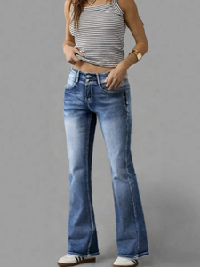 Women's Summer Casual Medium Wash Double <strong>Button</strong> High Waist Wing <strong>Cross</strong> Embroidery Back Pocket Flare Leg Stretch Denim <strong>Jeans</strong> - Product Image 5