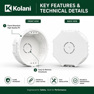 Boîtier de jonction encastré rond européen Kolani 74x74x45mm, boîtier électrique arrière en PC ignifuge avec découpes amovibles - Product Image 2
