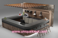 Comptoir de bar de restaurant en bois sur mesure, kiosque alimentaire complet avec cuisinière, machine à café, évier, table à manger et tabourets