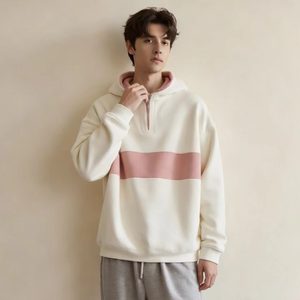 Nuova Collezione Autunnale: <span class=keywords><strong>Felpa</strong></span> <span class=keywords><strong>con</strong></span> Cappuccio e Mezza Zip <span class=keywords><strong>Bianca</strong></span> e <span class=keywords><strong>Rosa</strong></span> per Uomo - Pullover Ampio <span class=keywords><strong>con</strong></span> Stampa Ricamata a Contrasto - Product Image 2