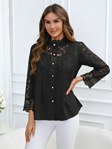 Blusa de Chifón con Cuello Redondo y Manga Larga de Algodón, Bordada, Lisa, con Encaje, Tallas Grandes, Casual, Primavera/Otoño/Verano 2026, para Mujer, En Stock, EE. UU. - Product Image 5