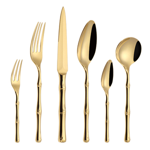 Lot de <span class=keywords><strong>6</strong></span> <span class=keywords><strong>couverts</strong></span> en acier inoxydable 18/10 doré avec manche en bambou réutilisable, fourchette, couteau et cuillère, idéal pour cadeau de mariage - Product Image 1