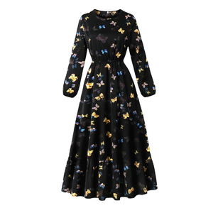 Robe en polyester pour femmes printemps automne Col long manches Papillon Fleur Impression numérique Moyen-Orient Taille élastique Anti-statique - Product Image 1