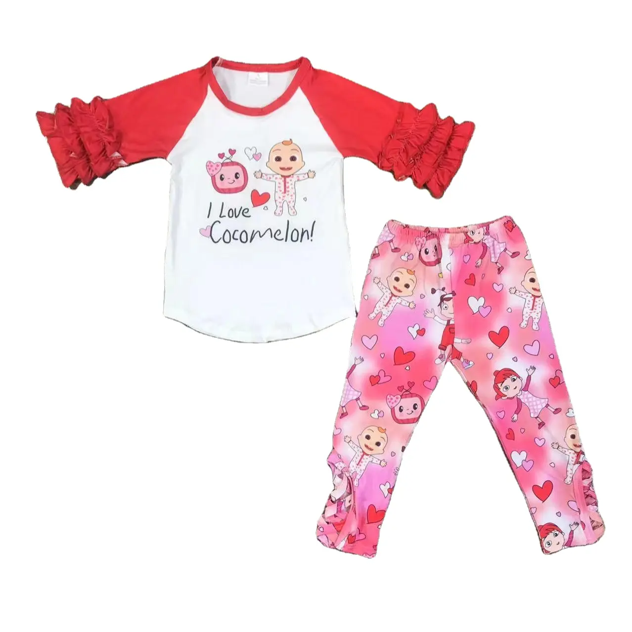 Ropa rosa con estampado completo para niños recién llegados al por mayor, conjunto de Sudadera con capucha para niños, conjuntos de dos piezas, conjuntos de ropa para bebés