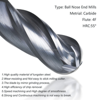 Fraise à balle en carbure à 4 cannelures de haute précision pour usinage de métaux, 45HRC, OEM/ODM, pour routeur CNC, fraisage en spirale haute performance
