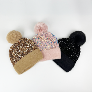 Vente chaude BAS quantité minimale de commande OEM ODM <span class=keywords><strong>Bonnet</strong></span> Automne Hiver <span class=keywords><strong>Femme</strong></span> Couleur Unie Paillettes En Peluche Tricot Amovible Pompon Chaud <span class=keywords><strong>Bonnet</strong></span> Hiver - Product Image 5