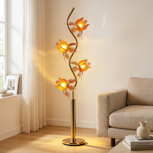 Lampe de sol moderne de luxe Lotus, abat-jour en acrylique translucide rose-orange en forme de fleur, lumière chaude pour la décoration de la maison - Product Image 1