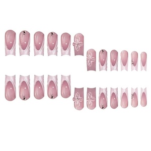 24-Piece Hot-Selling <strong>French</strong> Style <strong>Manicure</strong> <strong>Set</strong> with Finished Sparkling Diamond Flower Pearlescent Artificial Fingernails - Product Image 3