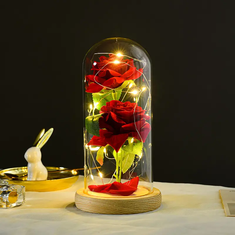 2023 بالجملة هدايا عيد الحب محفوظة الورد إلى الأبد الزهور LED غطاء زجاجي ضوء الليل