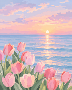 Dipingi con i Numeri, Tulipani sul <span class=keywords><strong>Mare</strong></span> al Tramonto, Paesaggio Oceanico con Tulipani al Tramonto, Kit Fai da Te per Dipingere con i Numeri - Product Image 1