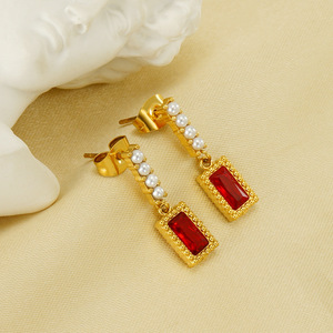 ZOGXIN Drop Earrings Gold Plated Red Green Zircon Pearl Dangle <b>Stud</b> Women's Jewelry Everyday Wear Geometric Design - Product Image 2