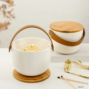 Wholesale Custom Logo 10oz 23oz White large Wide Mouth ceramics Candle Jar Candle vessel with Handle Hanging For Candle Making