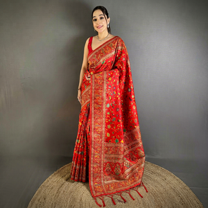 <b>Red</b> Banarasi Silk <b>Saree</b> Floral Paisley Border Traditional Wedding Party Festival Wear with Blouse - Product Image 1