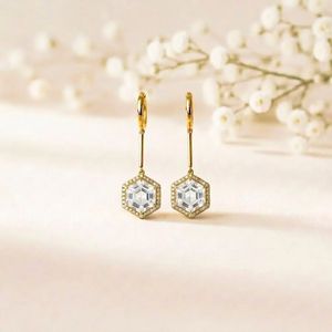 Natural White Topaz Cubic Zirconia Hexagon <b>Dangle</b> <b>Earrings</b> Elegant Clear Gemstone Drop <b>Earrings</b> in 925 Sterling Silver Fine - Product Image 2