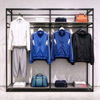 Comptoir de magasin de vêtements en bois, table de caisse, étagère métallique grise, rail de suspension, CE ETL, vente en gros et au détail
