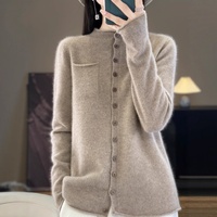 Kardigan Retro Solid 100% Wol untuk Musim Gugur dengan Ujung Berlipat dan Saku, Atasan Rajut Anti Kusut Bergaya Santai Sederhana