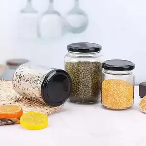 300ml temizle yuvarlak cam kavanozlar konserve kavanozlar ile siyah Metal kapaklar için DIY tatlı reçel kuru mallar için bal şeker düğün iyilik