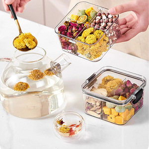 <b>Square</b> Flower Tea Storage Box 460ml Four Compartment Airtight <b>Plastic</b> Food Grade <b>Container</b> For Herbal Tea Organization - Product Image 1