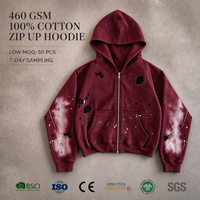 Sweat à capuche zippé RAMAX 460GSM 100% coton bordeaux effet éclaboussures, graphisme délavé, streetwear homme, personnalisable OEM ODM, vente en gros de vêtements