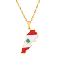 Collier populaire en acier inoxydable plaqué or et argent avec carte du Liban et arbre de cèdre, collier avec drapeau du Liban
