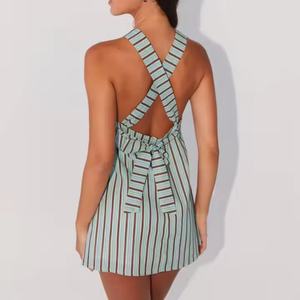 Robe Courte en Lin Rayée Chic et Élégante pour Femme, Col Halter Sans Manches, Décontractée et Modeste, Personnalisable (OEM) - Product Image 5