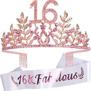 Set Corona e Fascia di Compleanno Oro Rosa con Strass e Foglie, Decorazioni per Feste per Ragazze e Donne WB075 - Product Image 5