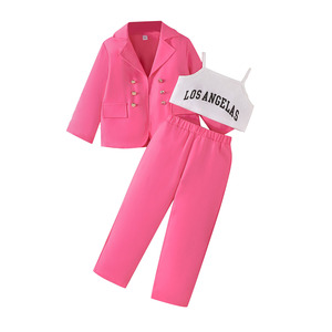 ชุดเสื้อผ้าเด็กผู้หญิงสไตล์หวานสำหรับฤดูใบไม้ผลิและฤดูใบไม้ร่วง เสื้อแขนกุดผูกโบว์ + กางเกง + เสื้อคลุมแขนยาว ชุด 3 ชิ้น ผลิตจากโพลีเอสเตอร์ 100% ระบายอากาศได้ดี - Product Image 1