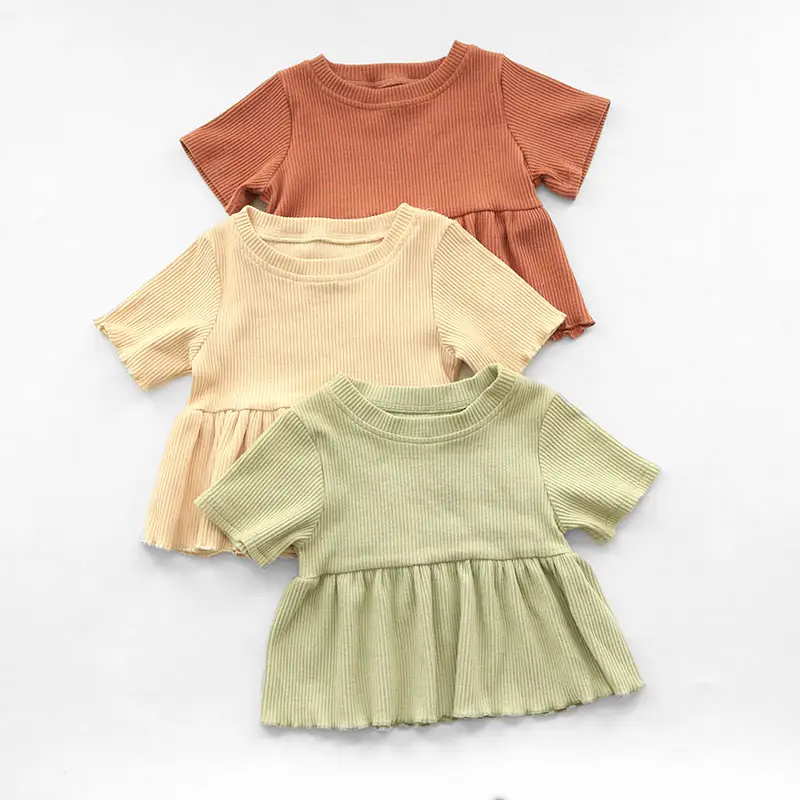 Boutique Infant Girls Sweet Shirts Solid Color Ribbed Cotton Tops Summer Baby Girl Ruffled Blouse Tops