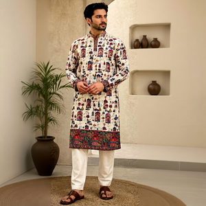 Kurta Pathani 100% Rayonne Tissée Légère Imprimée à Motif Floral Manches Longues pour Hommes, Femmes et Enfants – Tenue Ethnique Décontractée - Product Image 1