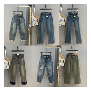 High Waist Womens Vintage Style Decoration Jean Stacked Pants 2023 Summer Denim Pockets Trousers