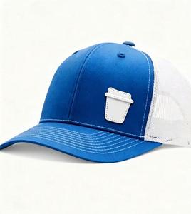 Gorra de béisbol trucker de 5 paneles con parche de cuero vintage personalizado al por mayor, ajustable con hebilla única, unisex, deportiva, 100% - Product Image 1