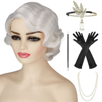 Ensemble de costume Flapper des années 1920, style Great Gatsby, avec perruque bob noire à ondulations fines, accessoires vintage pour femme avec feuilles et strass, kit rétro