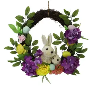 New Design Rattan Easter Vine Wreath With Green Leaves And Purple Flowers Featuring Mother And Baby Rabbit