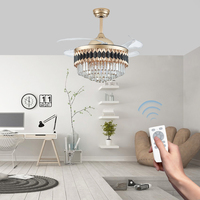 Ventilateur de plafond de luxe européen 48 pouces avec corps de lampe en cristal, pales en fer rétro, LED à intensité variable et télécommande intelligente