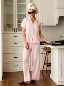 Custom <strong>Summer</strong> Short Sleeve Striped Cotton <strong>Pyjamas</strong> with Piping PJ Set Loungewear Bamboo Pajamas Sets <strong>for</strong> Women - Product Image 2