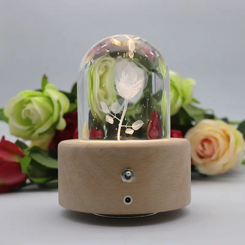 Idea Gift Light Wooden Led Lamp Decoration 3D Crystal Night Light With Music Box