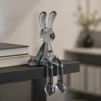 Sculpture de lapin souffleur de bulles en résine grise transparente à longues pattes, figurine de lapin assis sur le rebord pour étagère, bureau et cadeaux décoratifs