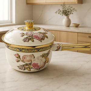 <span class=keywords><strong>Cocotte</strong></span> <span class=keywords><strong>en</strong></span> émail antiadhésive de luxe à motif <span class=keywords><strong>vintage</strong></span> avec bordure dorée et poignée unique, résistante à la chaleur, pour la cuisson - Product Image 2