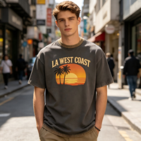T-shirt surdimensionné personnalisé en coton épais, style vintage délavé, motif coucher de soleil de la côte ouest de Los Angeles, impression DTG, streetwear, vente en gros, OEM, ODM